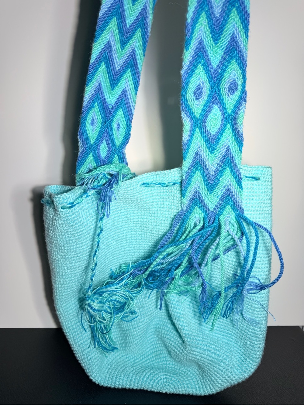 Handwoven Turquoise Crochet Tote with Blue Patterned Strap